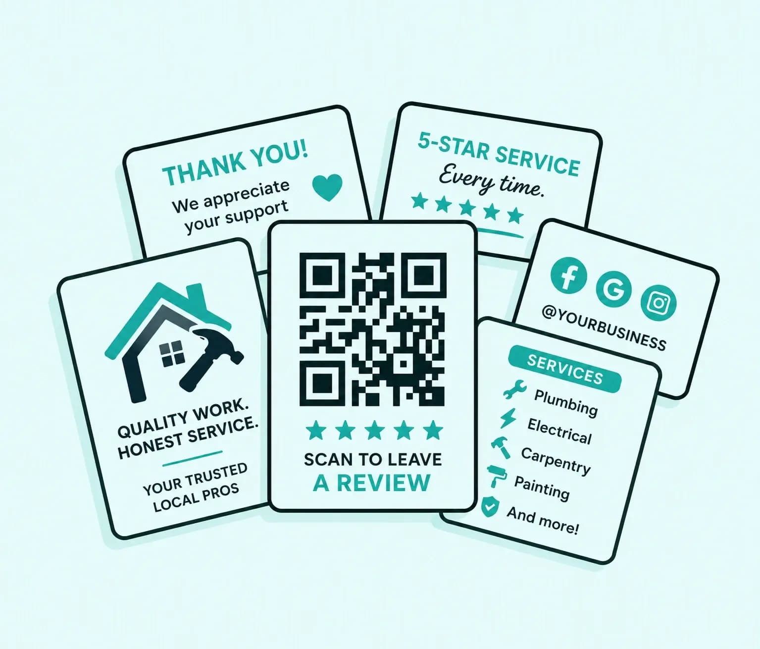Review marketing cards with QR code, five-star rating, and social links